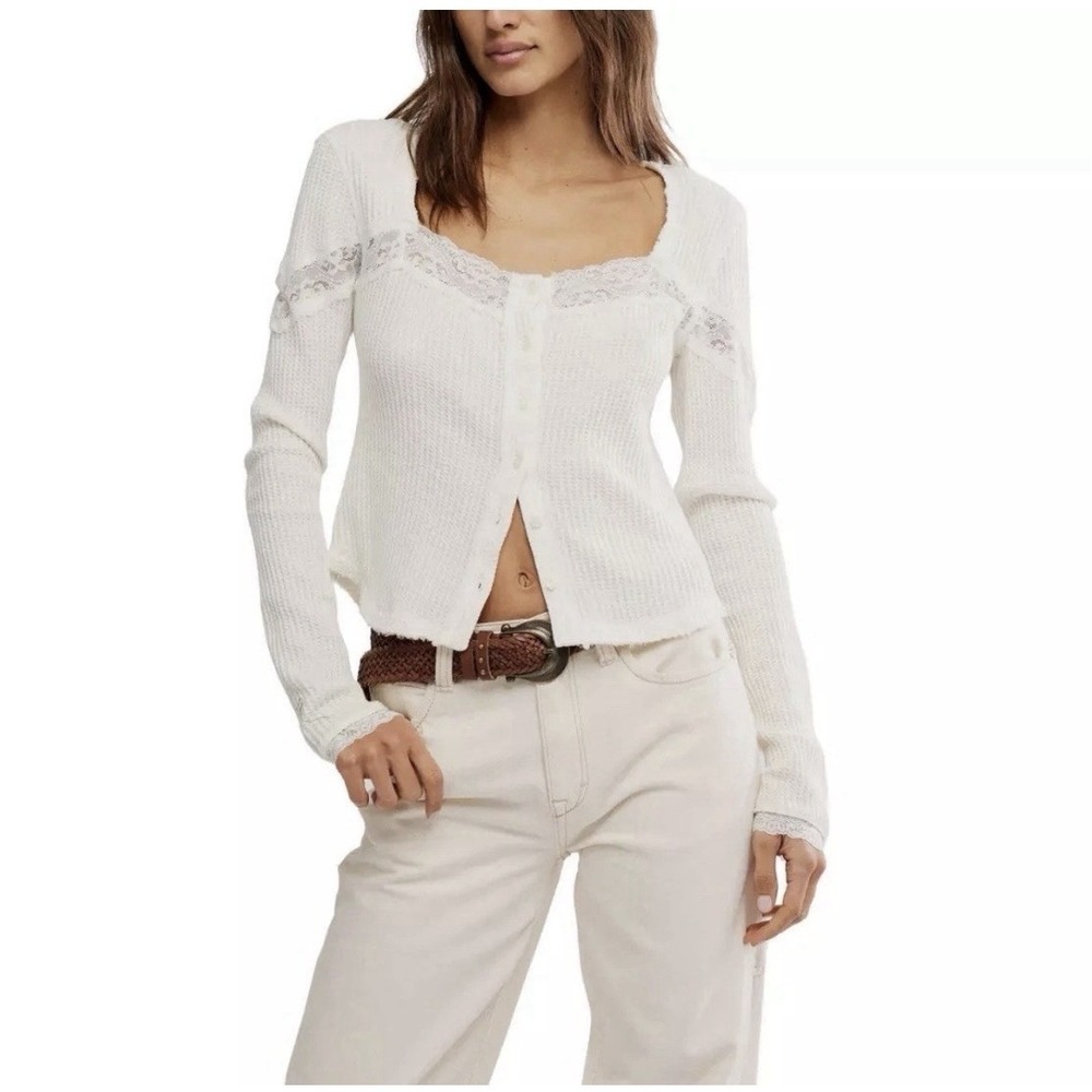Free People White Lace-Trim Button Down Thermal Top